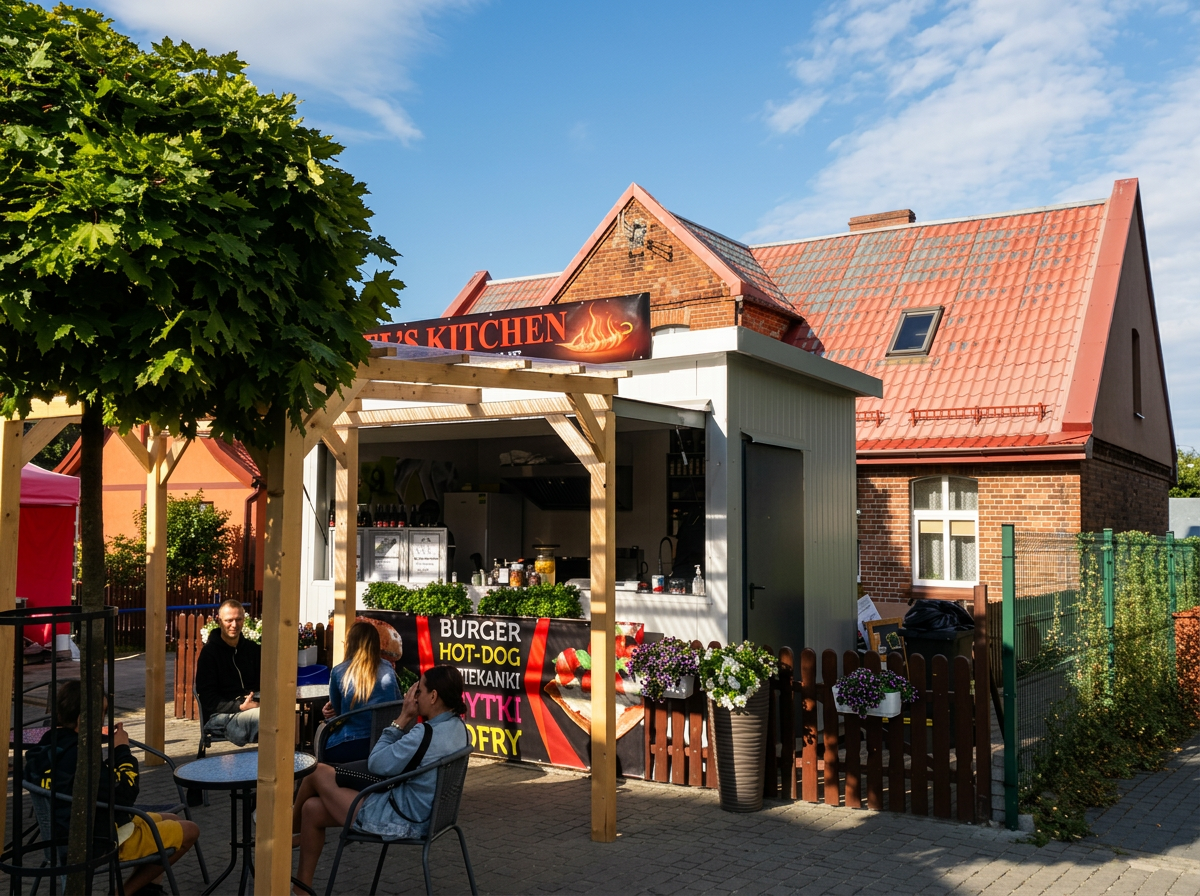 Hel's kitchen — widok na budkę przy deptaku